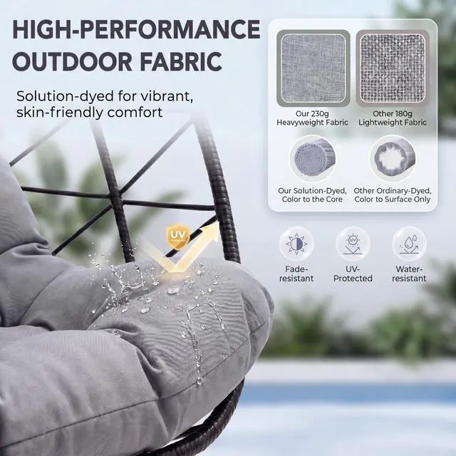 Alt view image 5 of 6 - Double Egg Chair Outdoor Indoor, Oversized Swing with Stand for 2, All-Weather Rattan Hanging Loveseat Cozy, Patio Swinging Seat with Cushion & Cover for Living Room, Porch, Light Gray