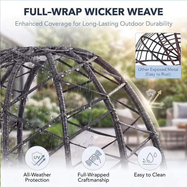 Alt view image 6 of 6 - Double Egg Chair Outdoor Indoor, Oversized Swing with Stand for 2, All-Weather Rattan Hanging Loveseat Cozy, Patio Swinging Seat with Cushion & Cover for Living Room, Porch, Light Gray
