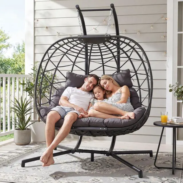 Alt view image 2 of 6 - Double Egg Chair Outdoor Indoor, Oversized Swing w/Stand for 2, All-Weather Rattan Hanging Loveseat Cozy, Patio Swinging Seat w/Cushion & Cover for Living Room, Porch, Dark Gray