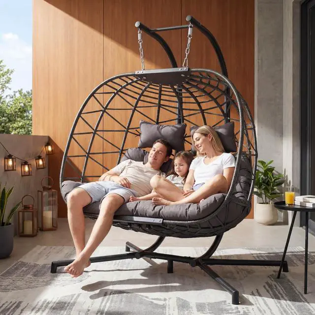 Alt view image 3 of 6 - Double Egg Chair Outdoor Indoor, Oversized Swing w/Stand for 2, All-Weather Rattan Hanging Loveseat Cozy, Patio Swinging Seat w/Cushion & Cover for Living Room, Porch, Dark Gray