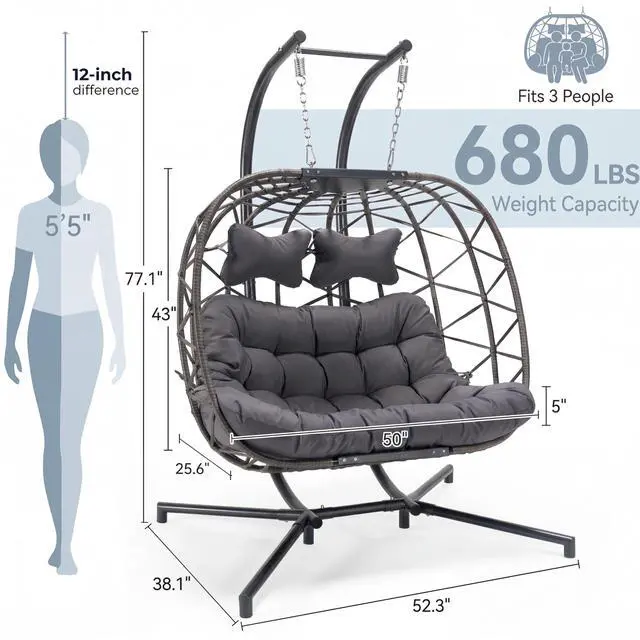Alt view image 4 of 6 - Double Egg Chair Outdoor Indoor, Oversized Swing w/Stand for 2, All-Weather Rattan Hanging Loveseat Cozy, Patio Swinging Seat w/Cushion & Cover for Living Room, Porch, Dark Gray