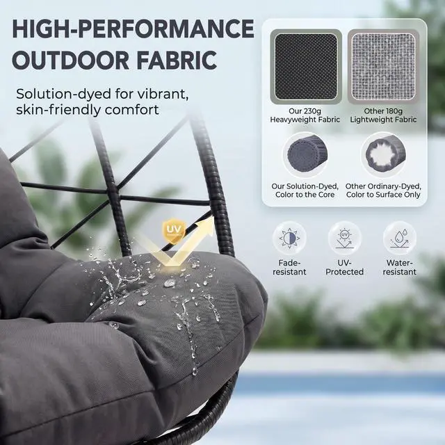 Alt view image 5 of 6 - Double Egg Chair Outdoor Indoor, Oversized Swing w/Stand for 2, All-Weather Rattan Hanging Loveseat Cozy, Patio Swinging Seat w/Cushion & Cover for Living Room, Porch, Dark Gray