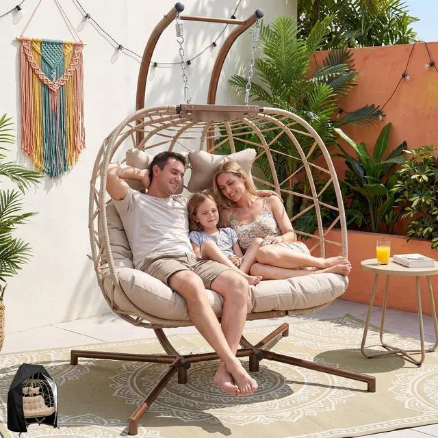 Main image of Double Egg Chair Outdoor Indoor, Oversized Swing w/Stand for 2, All-Weather Rattan Hanging Loveseat Comfy, Patio Swinging Seat w/Cushion & Cover for Living Room, Porch, Deck, Beige