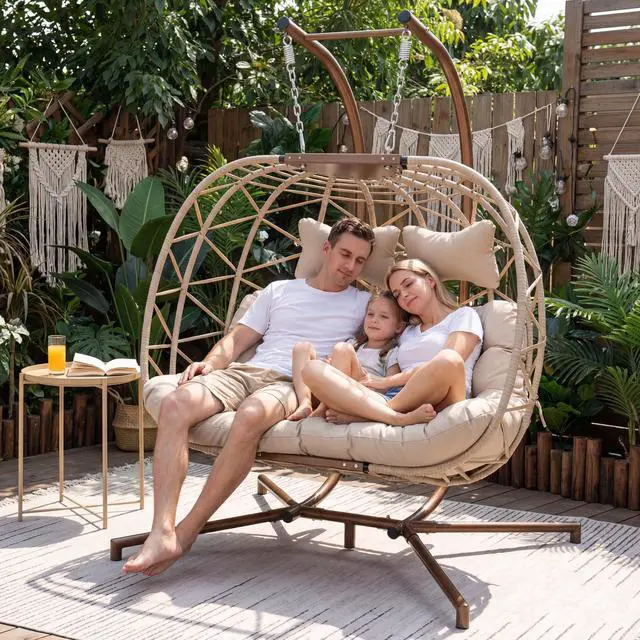 Alt view image 2 of 6 - Double Egg Chair Outdoor Indoor, Oversized Swing w/Stand for 2, All-Weather Rattan Hanging Loveseat Comfy, Patio Swinging Seat w/Cushion & Cover for Living Room, Porch, Deck, Beige
