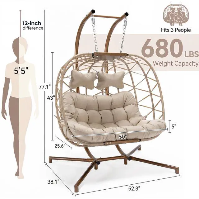 Alt view image 4 of 6 - Double Egg Chair Outdoor Indoor, Oversized Swing w/Stand for 2, All-Weather Rattan Hanging Loveseat Comfy, Patio Swinging Seat w/Cushion & Cover for Living Room, Porch, Deck, Beige