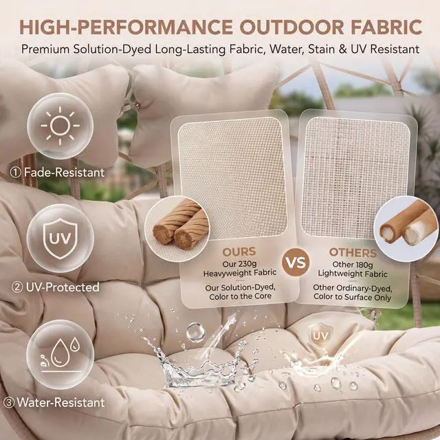 Alt view image 5 of 6 - Double Egg Chair Outdoor Indoor, Oversized Swing w/Stand for 2, All-Weather Rattan Hanging Loveseat Comfy, Patio Swinging Seat w/Cushion & Cover for Living Room, Porch, Deck, Beige