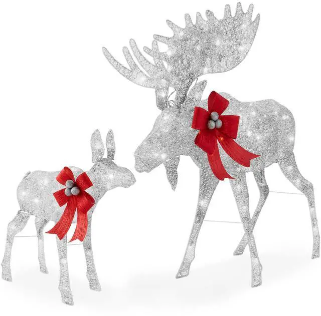 Main image of 2-Piece Moose Family, Lighted Outdoor All-Weather Christmas Yard Decoration Light-Up Décor Set w/ 170 LED Lights, Ground Stakes, Zip Ties - Silver