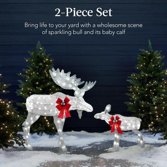 Alt view image 2 of 6 - 2-Piece Moose Family, Lighted Outdoor All-Weather Christmas Yard Decoration Light-Up Décor Set w/ 170 LED Lights, Ground Stakes, Zip Ties - Silver