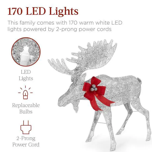 Alt view image 3 of 6 - 2-Piece Moose Family, Lighted Outdoor All-Weather Christmas Yard Decoration Light-Up Décor Set w/ 170 LED Lights, Ground Stakes, Zip Ties - Silver