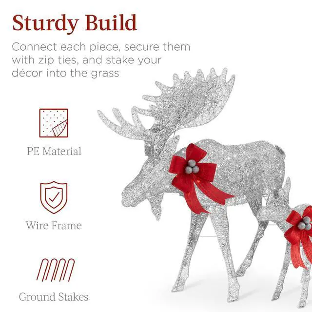 Alt view image 4 of 6 - 2-Piece Moose Family, Lighted Outdoor All-Weather Christmas Yard Decoration Light-Up Décor Set w/ 170 LED Lights, Ground Stakes, Zip Ties - Silver