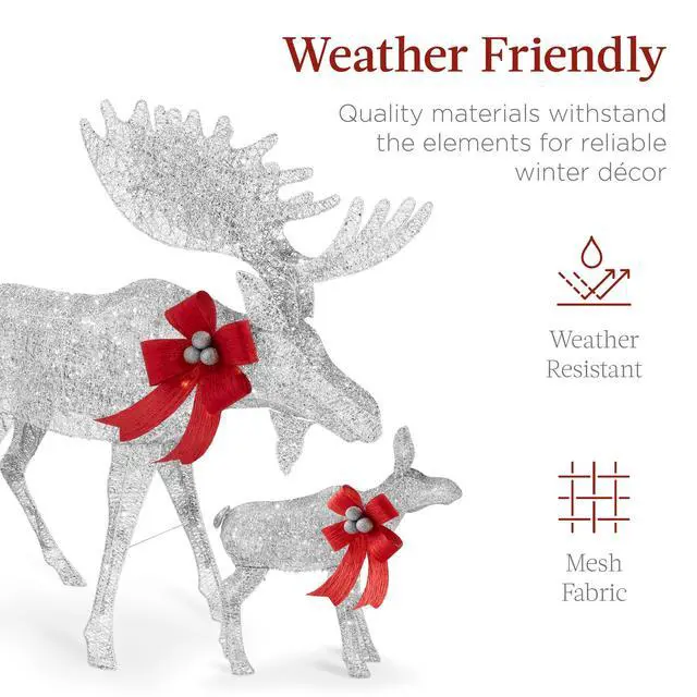 Alt view image 5 of 6 - 2-Piece Moose Family, Lighted Outdoor All-Weather Christmas Yard Decoration Light-Up Décor Set w/ 170 LED Lights, Ground Stakes, Zip Ties - Silver
