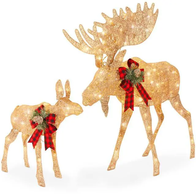 Main image of 2-Piece Moose Family, Lighted Outdoor All-Weather Christmas Yard Decoration Light-Up Décor Set w/ 170 LED Lights, Ground Stakes, Zip Ties - Gold