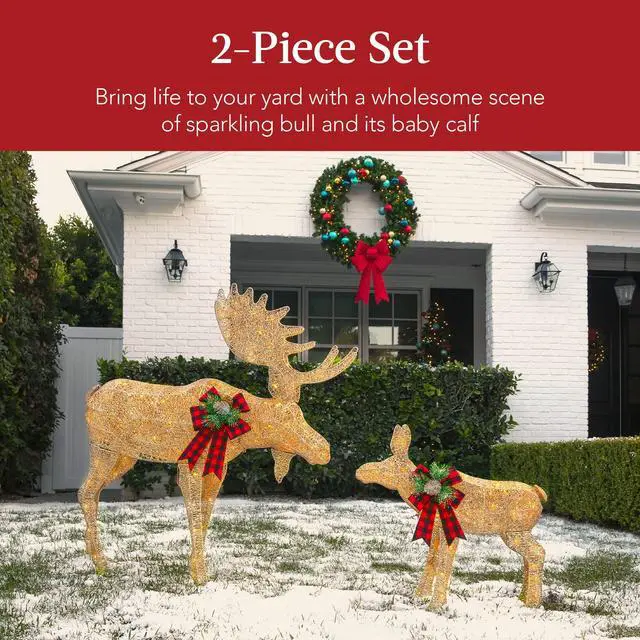 Alt view image 2 of 6 - 2-Piece Moose Family, Lighted Outdoor All-Weather Christmas Yard Decoration Light-Up Décor Set w/ 170 LED Lights, Ground Stakes, Zip Ties - Gold