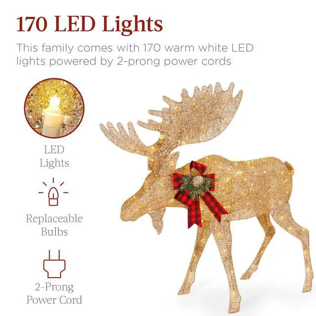 Alt view image 3 of 6 - 2-Piece Moose Family, Lighted Outdoor All-Weather Christmas Yard Decoration Light-Up Décor Set w/ 170 LED Lights, Ground Stakes, Zip Ties - Gold