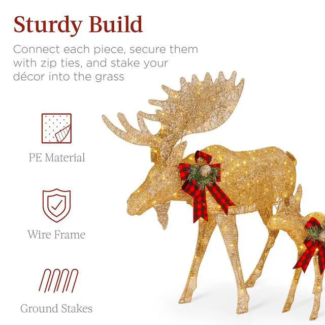 Alt view image 4 of 6 - 2-Piece Moose Family, Lighted Outdoor All-Weather Christmas Yard Decoration Light-Up Décor Set w/ 170 LED Lights, Ground Stakes, Zip Ties - Gold