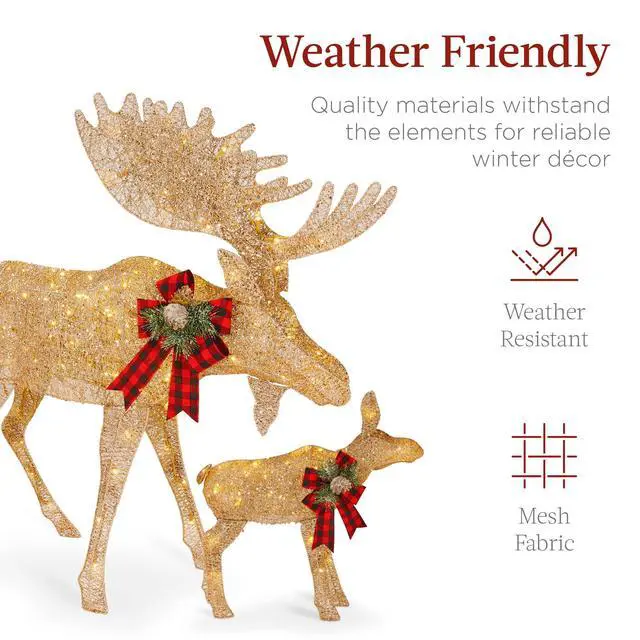Alt view image 5 of 6 - 2-Piece Moose Family, Lighted Outdoor All-Weather Christmas Yard Decoration Light-Up Décor Set w/ 170 LED Lights, Ground Stakes, Zip Ties - Gold