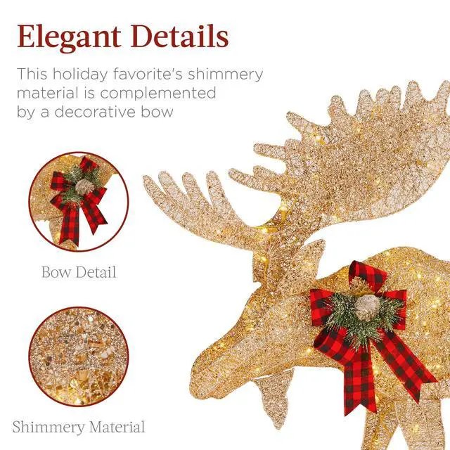 Alt view image 6 of 6 - 2-Piece Moose Family, Lighted Outdoor All-Weather Christmas Yard Decoration Light-Up Décor Set w/ 170 LED Lights, Ground Stakes, Zip Ties - Gold