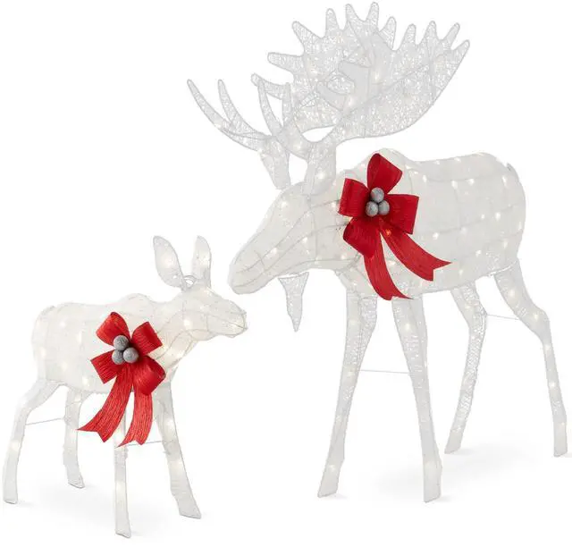 Main image of 2-Piece Moose Family, Lighted Outdoor All-Weather Christmas Yard Decoration Light-Up Décor Set w/ 170 LED Lights, Ground Stakes, Zip Ties - White