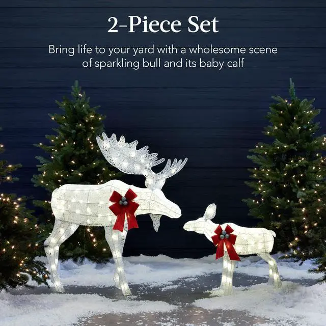 Alt view image 2 of 6 - 2-Piece Moose Family, Lighted Outdoor All-Weather Christmas Yard Decoration Light-Up Décor Set w/ 170 LED Lights, Ground Stakes, Zip Ties - White
