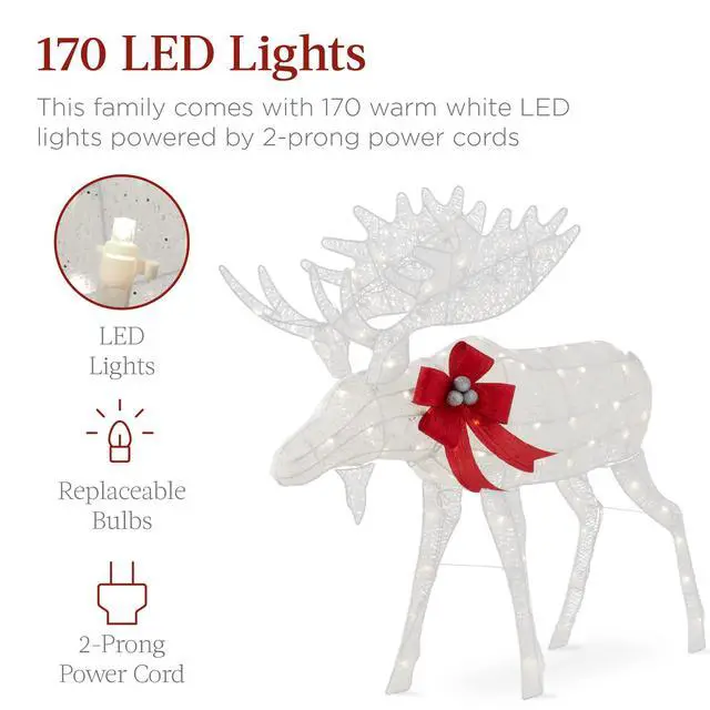 Alt view image 3 of 6 - 2-Piece Moose Family, Lighted Outdoor All-Weather Christmas Yard Decoration Light-Up Décor Set w/ 170 LED Lights, Ground Stakes, Zip Ties - White