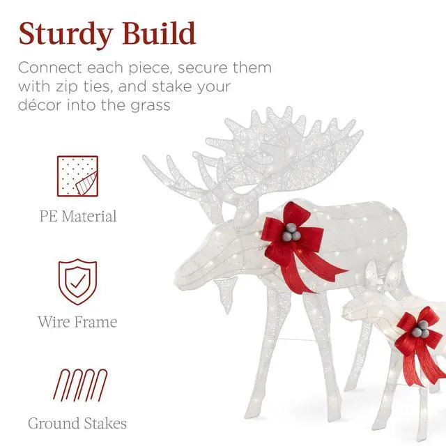 Alt view image 4 of 6 - 2-Piece Moose Family, Lighted Outdoor All-Weather Christmas Yard Decoration Light-Up Décor Set w/ 170 LED Lights, Ground Stakes, Zip Ties - White