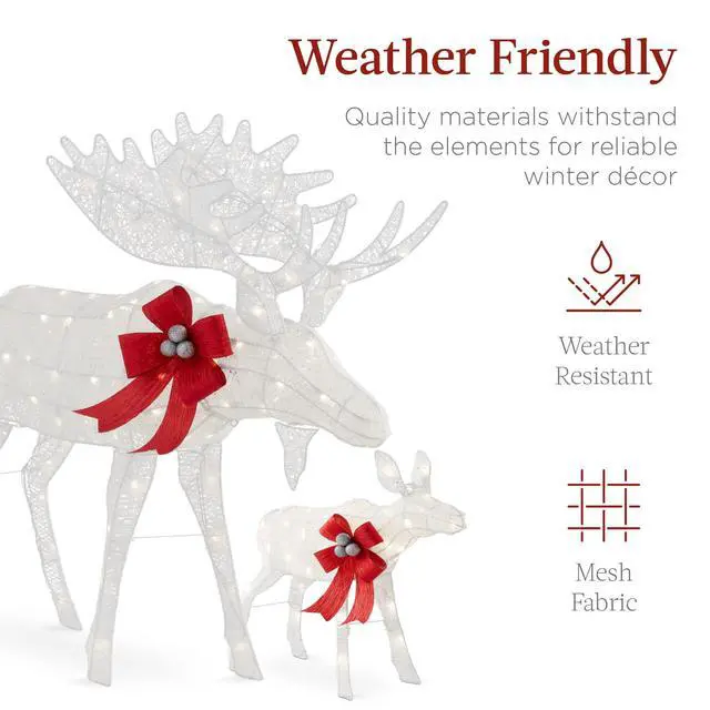 Alt view image 5 of 6 - 2-Piece Moose Family, Lighted Outdoor All-Weather Christmas Yard Decoration Light-Up Décor Set w/ 170 LED Lights, Ground Stakes, Zip Ties - White