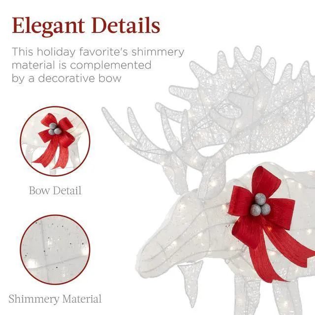 Alt view image 6 of 6 - 2-Piece Moose Family, Lighted Outdoor All-Weather Christmas Yard Decoration Light-Up Décor Set w/ 170 LED Lights, Ground Stakes, Zip Ties - White