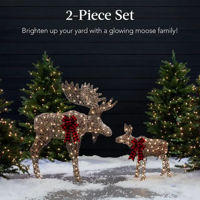 Alt view image 2 of 6 - 2-Piece Moose Family, Lighted Outdoor All-Weather Christmas Yard Decoration Light-Up Décor Set w/ 170 LED Lights, Ground Stakes, Zip Ties - Rattan