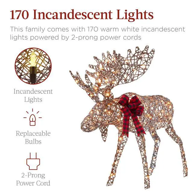 Alt view image 3 of 6 - 2-Piece Moose Family, Lighted Outdoor All-Weather Christmas Yard Decoration Light-Up Décor Set w/ 170 LED Lights, Ground Stakes, Zip Ties - Rattan