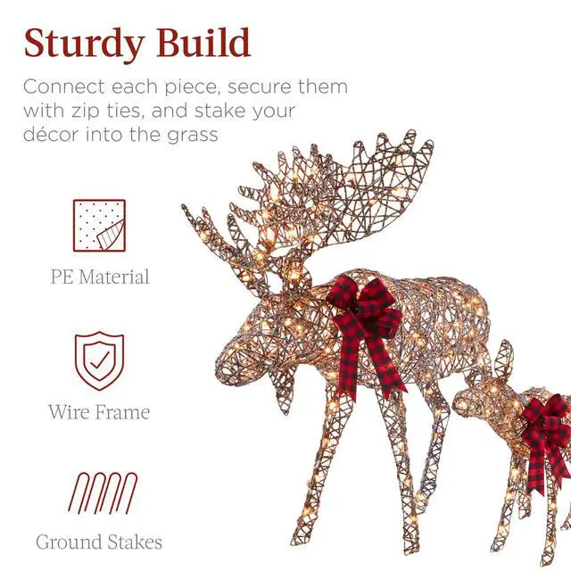 Alt view image 4 of 6 - 2-Piece Moose Family, Lighted Outdoor All-Weather Christmas Yard Decoration Light-Up Décor Set w/ 170 LED Lights, Ground Stakes, Zip Ties - Rattan