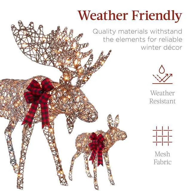 Alt view image 5 of 6 - 2-Piece Moose Family, Lighted Outdoor All-Weather Christmas Yard Decoration Light-Up Décor Set w/ 170 LED Lights, Ground Stakes, Zip Ties - Rattan