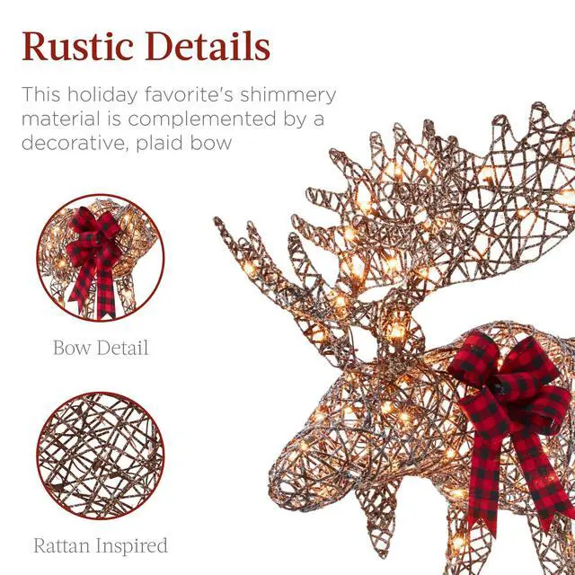 Alt view image 6 of 6 - 2-Piece Moose Family, Lighted Outdoor All-Weather Christmas Yard Decoration Light-Up Décor Set w/ 170 LED Lights, Ground Stakes, Zip Ties - Rattan