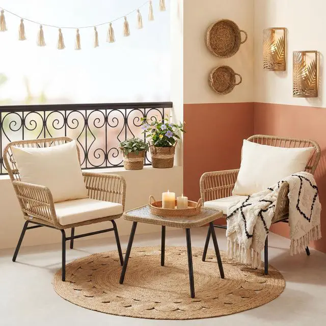 Main image of 3 Pieces Boho Small Outdoor Patio Chair Set with Thick Cushion and Glass Table, Rattan Wicker Chair, Bistro Set for Garden Balcony Deck Porch Backyard Apartment, Beige