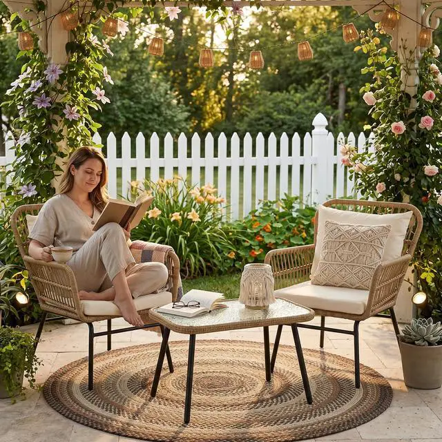 Alt view image 2 of 6 - 3 Pieces Boho Small Outdoor Patio Chair Set with Thick Cushion and Glass Table, Rattan Wicker Chair, Bistro Set for Garden Balcony Deck Porch Backyard Apartment, Beige
