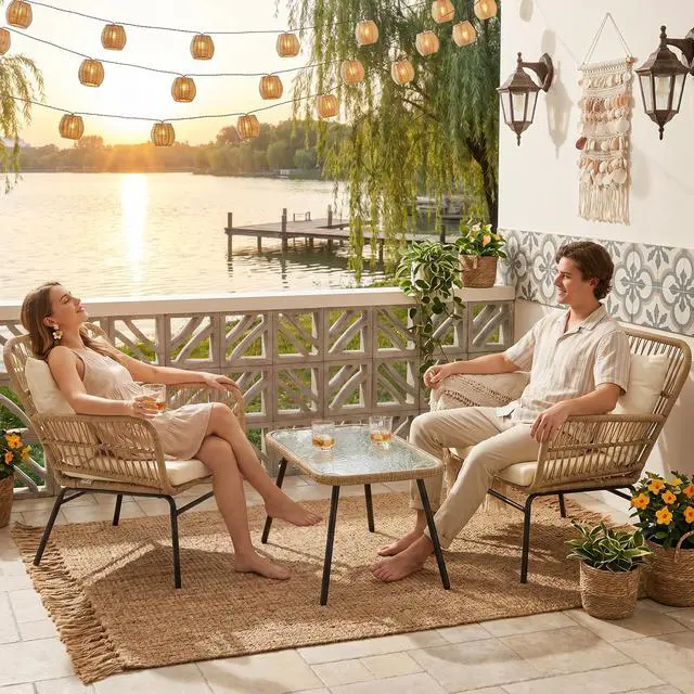 Alt view image 3 of 6 - 3 Pieces Boho Small Outdoor Patio Chair Set with Thick Cushion and Glass Table, Rattan Wicker Chair, Bistro Set for Garden Balcony Deck Porch Backyard Apartment, Beige