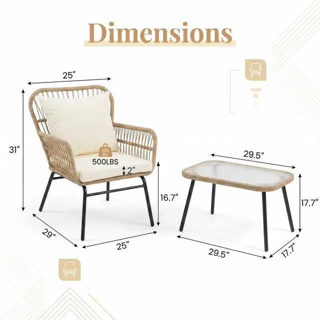 Alt view image 4 of 6 - 3 Pieces Boho Small Outdoor Patio Chair Set with Thick Cushion and Glass Table, Rattan Wicker Chair, Bistro Set for Garden Balcony Deck Porch Backyard Apartment, Beige