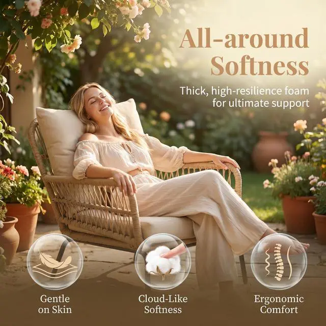 Alt view image 5 of 6 - 3 Pieces Boho Small Outdoor Patio Chair Set with Thick Cushion and Glass Table, Rattan Wicker Chair, Bistro Set for Garden Balcony Deck Porch Backyard Apartment, Beige