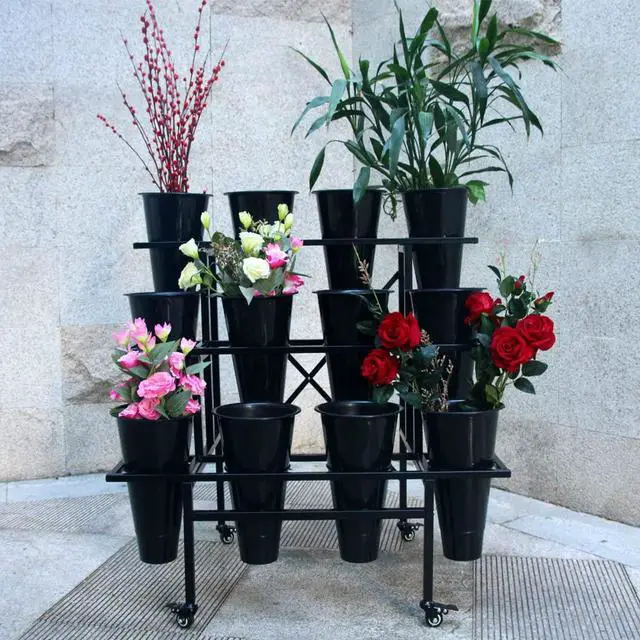 Alt view image 2 of 6 - Moving Plant Stand with Wheels Heavy Duty Garden Cart Display Flower Shelf with 12pcs Plastic Buckets for Fresh Flowers