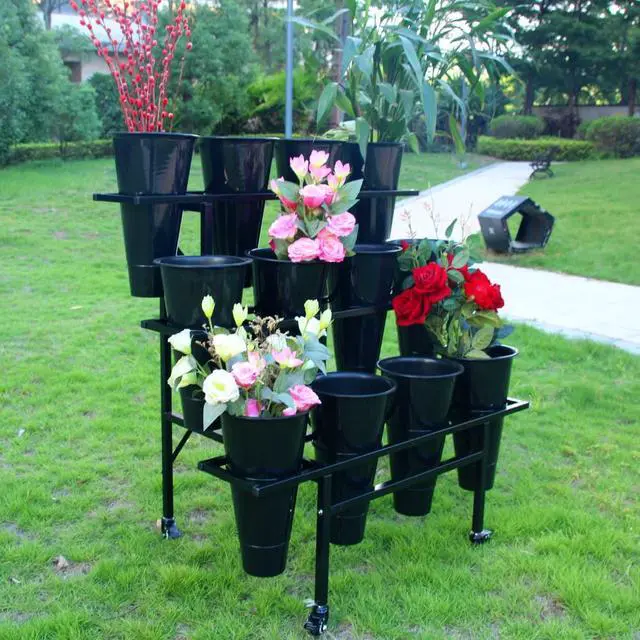 Alt view image 3 of 6 - Moving Plant Stand with Wheels Heavy Duty Garden Cart Display Flower Shelf with 12pcs Plastic Buckets for Fresh Flowers