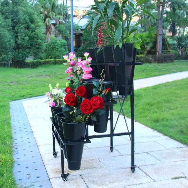 Alt view image 4 of 6 - Moving Plant Stand with Wheels Heavy Duty Garden Cart Display Flower Shelf with 12pcs Plastic Buckets for Fresh Flowers