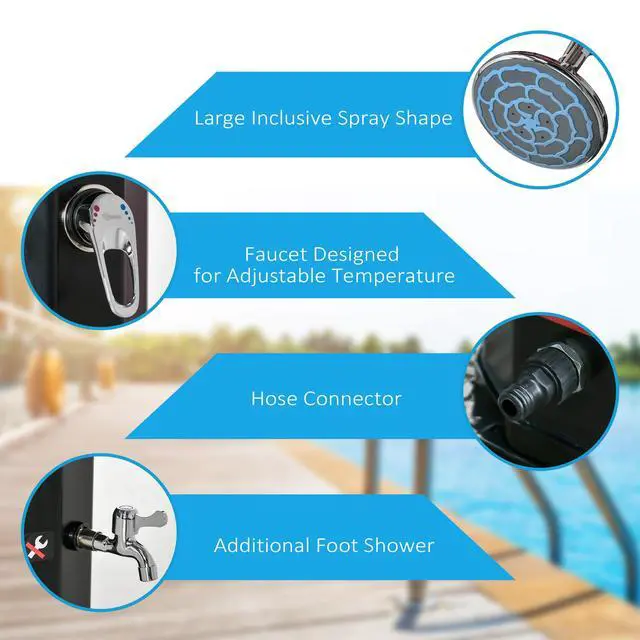 Alt view image 4 of 6 - 7ft Outdoor Solar Heated Shower with 360 Rotating Shower Head, Foot Shower Faucet, Temperature and Pressure Adjustable, Holds 9.2 Gallons for Backyard Pool
