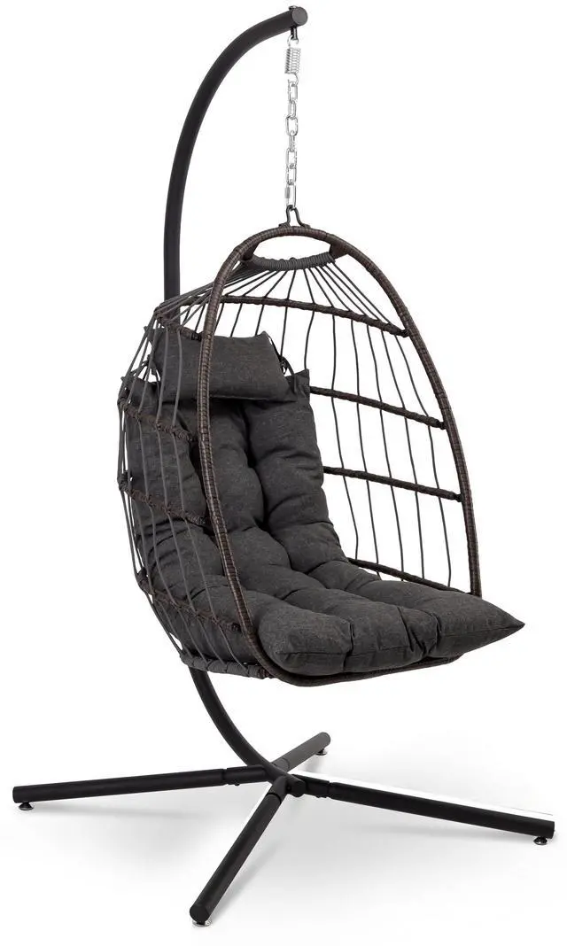 Main image of Hanging Egg Chair w/Stand - Wicker Rattan Swing, Padded Cushion | Foldable Design, Weather-Resistant Cushion & Padded Headrest Included, 350 lb Capacity, Great for Patio, Backyard & Bedroom