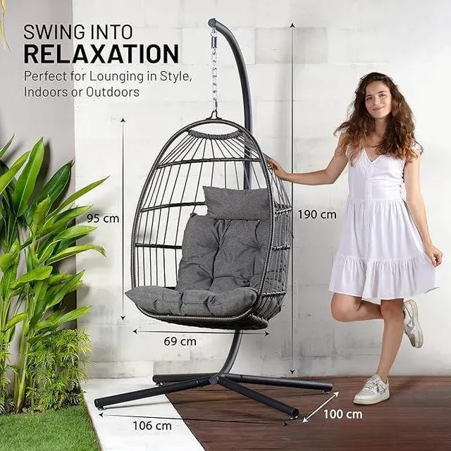 Alt view image 3 of 6 - Hanging Egg Chair w/Stand - Wicker Rattan Swing, Padded Cushion | Foldable Design, Weather-Resistant Cushion & Padded Headrest Included, 350 lb Capacity, Great for Patio, Backyard & Bedroom