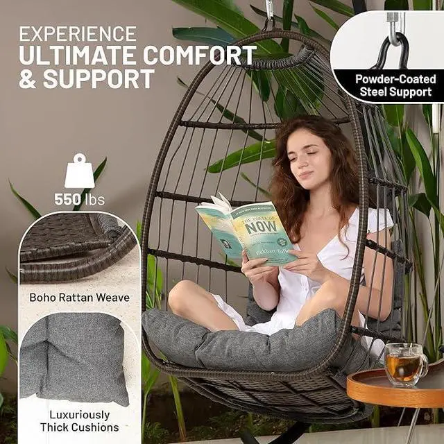Alt view image 4 of 6 - Hanging Egg Chair w/Stand - Wicker Rattan Swing, Padded Cushion | Foldable Design, Weather-Resistant Cushion & Padded Headrest Included, 350 lb Capacity, Great for Patio, Backyard & Bedroom