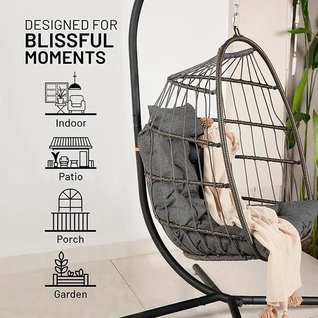 Alt view image 5 of 6 - Hanging Egg Chair w/Stand - Wicker Rattan Swing, Padded Cushion | Foldable Design, Weather-Resistant Cushion & Padded Headrest Included, 350 lb Capacity, Great for Patio, Backyard & Bedroom