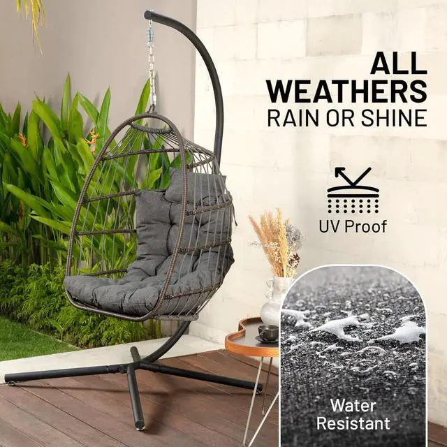 Alt view image 6 of 6 - Hanging Egg Chair w/Stand - Wicker Rattan Swing, Padded Cushion | Foldable Design, Weather-Resistant Cushion & Padded Headrest Included, 350 lb Capacity, Great for Patio, Backyard & Bedroom