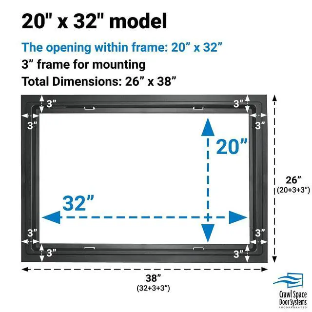 Alt view image 3 of 4 - Louvered Crawl Space Access Door 20" H × 32" W UV-Stabilized ABS Plastic, Metal Mesh Screen, Surface Mount | (Black)