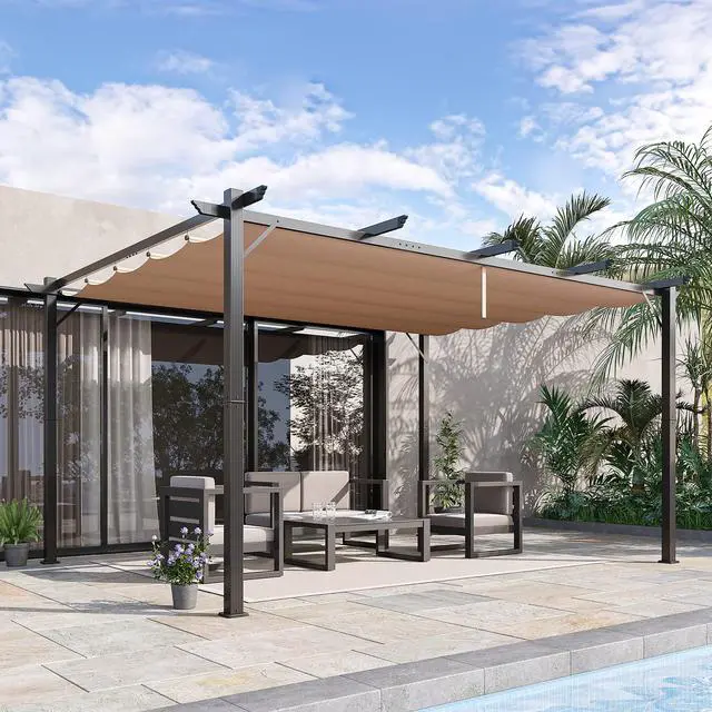 Alt view image 2 of 6 - 10' x 13' Aluminum Patio Pergola with Retractable Pergola Canopy, Backyard Shade Shelter for Porch, Outdoor Party, Garden, Grill Gazebo, Charcoal Gray