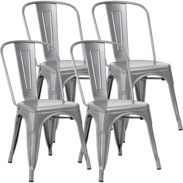 Main image of Metal Dining Chair Stackable Indoor Outdoor Industrial Vintage Chairs Bistro Kitchen Cafe Side Chairs with Back Set of 4 (Silver)