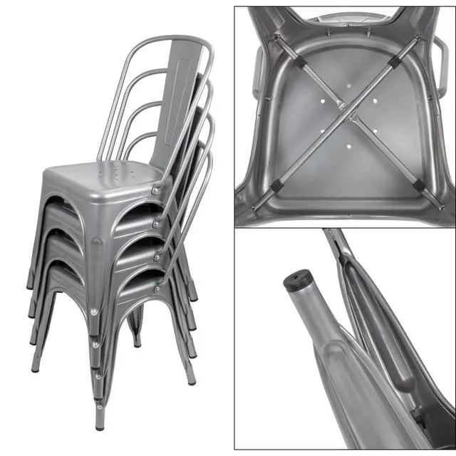 Alt view image 5 of 6 - Metal Dining Chair Stackable Indoor Outdoor Industrial Vintage Chairs Bistro Kitchen Cafe Side Chairs with Back Set of 4 (Silver)